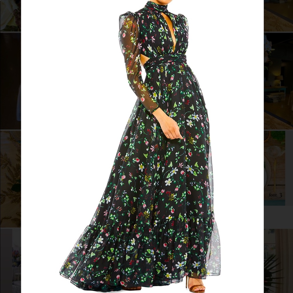Long Sleeve High Neck Chiffon Floral Gown by Mac Duggal . Size 8. Worn once.